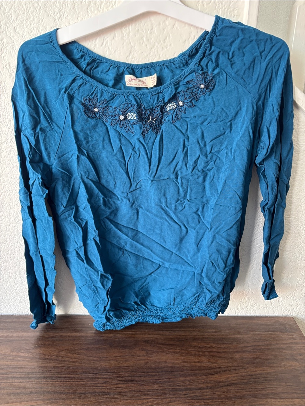 Faded Glory Teal Long-Sleeve Scoop Neck Top with Floral Embroidery